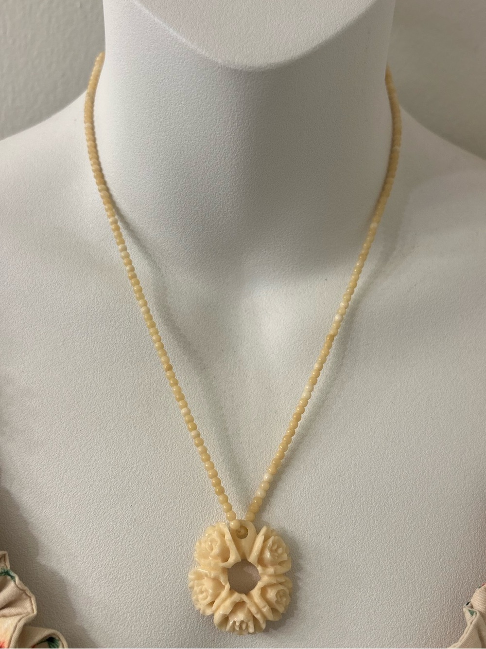 Cream Carved Rose Pendant Necklace